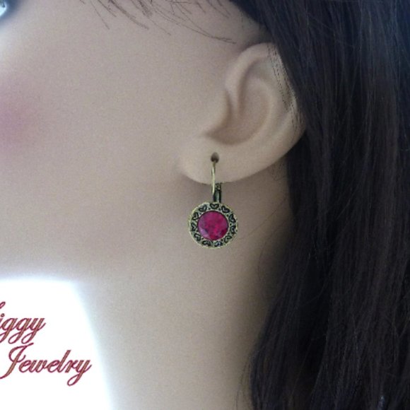 Ruby Earrings made with Genuine Swarovski Crystals, Ornate Heart Decorated Bezel - Picture 4 of 6